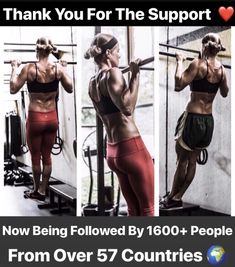 a woman doing squats with the words thank you for the support now being followed by 1800 + people from over 5 countries