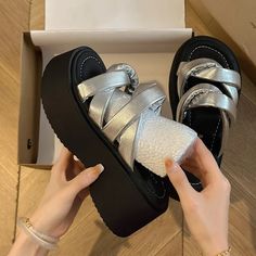 LBSFY - Summer Chunky Women Silvery Slipper Fashion Open Toe Platform Heel Ladies Casual Sandal Shoes Outdoor Beach Vaction Slides SIZE TIP: - Our US size is not standard US size. - Please choose the size according to your foot length SIZE LIST Foot length 22.5(cm) = You should choose Size 35 Foot length 23.0(cm) = You should choose Size 36 Foot length 23.5(cm) = You should choose Size 37 Foot length 24.0(cm) = You should choose Size 38 Foot length 24.5(cm) = You should choose Size 39 Foot lengt Bow Fashion, Womens Mary Janes, Sandal Shoes, Moccasins Shoes, Mary Jane Shoes Womens, Princess Shoes, Ballet Pumps, Platform Heel, Fashion Sandals