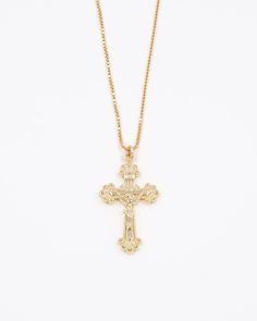 Anastasia Cross Necklace14K Gold Filled18" or 20" Length1" Pendant Gold Plated Crucifix Necklace, Gold Cross Necklace With Box Chain, Gold Cross Pendant Necklace With Box Chain, Gold Necklaces With Delicate Chain And Cross Pendant, Classic Gold Crucifix Necklace, Gold Cross Necklace With Delicate Pendant, Gold Crucifix Necklace In 14k Gold, Gold Plated Crucifix Necklace Tarnish Resistant, Gold Plated Tarnish Resistant Crucifix Necklace