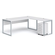 an office desk with two drawers on each side and one drawer at the end, in white