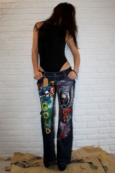 Jeans - boyfriend - Jeans festival - clothing Hand Painted - disney clothing - Hand Painted jeans - holiday clothes - birthday anniversary Patches Pants, Outfit Boyfriend Jeans, 80s Graffiti, Jeans Skirt Outfit, Graffiti Jeans, Hand Painted Jeans, Fancy Birthday Party, Graffiti Clothing, Jean Designs