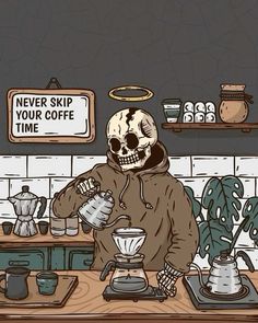 a skeleton in a hoodie pouring coffee at a counter