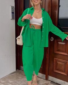 Lasaky - Long Sleeve Button Down Top and Relaxed Pants Set Green Outfits For Women, Green Outfits, Relaxed Pants, Street Outfits, Tracksuit Outfit, Button Shirts, Printed Long Dresses, Pants Suit, Green Outfit