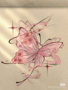 an artistic painting with pink flowers and stars