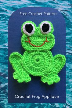 a crochet frog applique sitting on top of blue water with the caption free crochet pattern