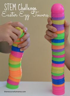 Fun STEM Challenge for kids using plastic Easter eggs plus ways to extend the activity. Stem Bins, Kindergarten Stem, Stem Challenge, Easter Games, Plastic Easter Eggs, Party Plan