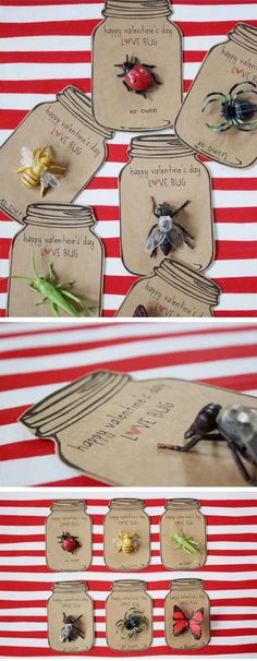 several pictures of different types of bugs and flowers on paper with words that read happy valentine's day