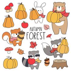 an autumn forest clipart set with cute animals and pumpkins, apples, mushrooms, leaves