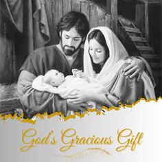 a black and white photo of jesus holding a baby in his arms with the words god's gracious gift