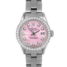 SKU#: 6917-SS-PMOP-DIA-AM-BDS-OYSPre-Owned Rolex 6917 Ladies 26mm Datejust Watch, Custom Pink Mother of Pearl Diamond Dial & Custom 1ct Diamond Bezel on Rolex Stainless Steel Oyster Band Model#: 6917 Case: Rolex 26mm Stainless Steel Case Movement: Rolex Automatic 2035 Caliber Dial: Custom Pink Mother of Pearl Dial with Diamond Hour Markers (Not Made by Rolex) Bezel: Custom 1ct Diamond Bezel (Not Made by Rolex) Band: Rolex Stainless Steel Oyster Band This Beautiful Watch Comes Fully Serviced, Pol Timeless Pink Watch With Date Indicator, Pink Watch With Diamond Hour Markers, Classic Pink Diamond Watch With Round Dial, Pink Diamond Watch With Diamond Hour Markers, Timeless Pink Diamond Watch, Pink Timeless Round Diamond Watch, Rolex 26mm, Wooden Watch Box, Used Rolex