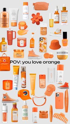 an assortment of orange products are shown in this image