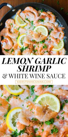 lemon garlic shrimp and white wine sauce in a skillet