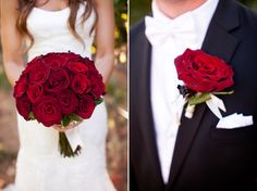 the bride and groom are holding red roses