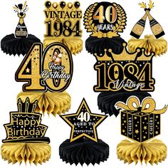 happy birthday forty years golden and black decorations with gold foil stars, ribbons, and balloons