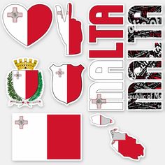 stickers with the flag and coat of arms in different shapes, all on white background