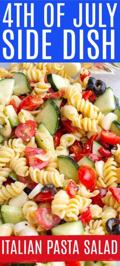 this pasta salad is loaded with fresh vegetables and lots of cheese, tomatoes, cucumbers, and olives