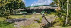 a small hut in the middle of a lush green yard with palm trees and benches