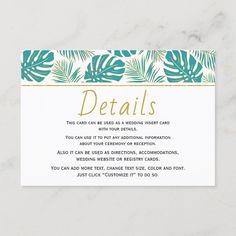 the tropical palm leaves wedding details card