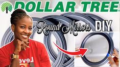 a woman is smiling while standing in front of some coils with the words dollar tree round mirrors diy