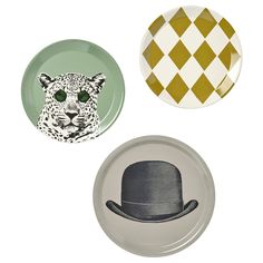 three plates with different designs on them including a hat, leopard and cheetah