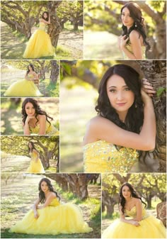 a woman in a yellow dress posing for pictures