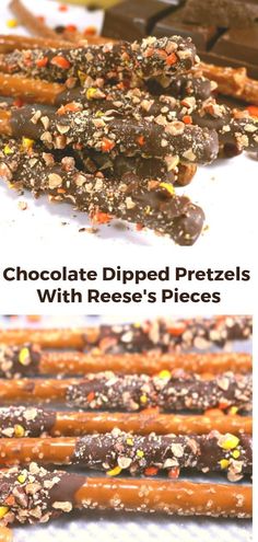 chocolate dipped pretzels with reese's pieces on the top and bottom side