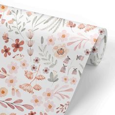 a floral wallpaper with pink and orange flowers on white background is featured in this image