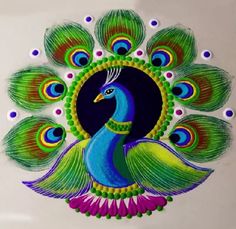 a peacock painted on the side of a white plate with blue, green and yellow feathers