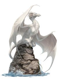 a white dragon statue sitting on top of a rock in the middle of the ocean