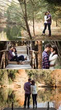 an image of a man and woman in the woods with trees on either side of them