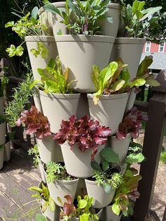 a tall planter filled with lots of green plants