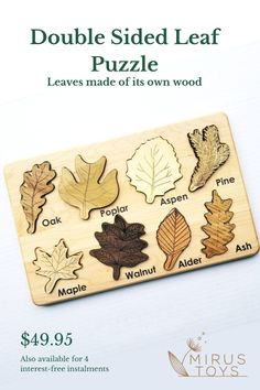 a wooden puzzle with leaves on it and the words, double sided leaf puzzle leave's made of its own wood