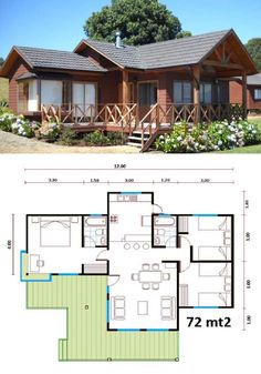 the floor plan for a small cabin with two levels and an attached porch, is shown in