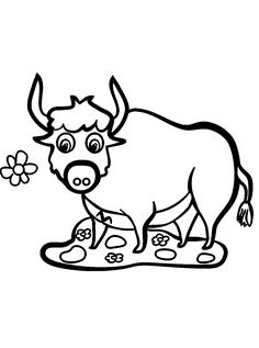 a black and white drawing of a bull with a flower in its mouth on the ground