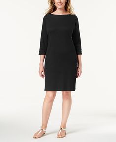 Karen Scott Cotton Button Shoulder Boatneck Dress Deep Black S Cotton Midi-length Bodycon Dress, Cotton Midi Length Bodycon Dress, Elegant Cotton Mini Dress With Button Closure, Elegant Cotton Mini Dress With Buttons, Elegant Spring Cotton Bodycon Dress, Boatneck Dress, Button Embellishments, Boat Neck Dress, Karen Scott