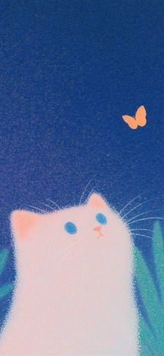 a painting of a white cat with blue eyes and a butterfly in the sky above it