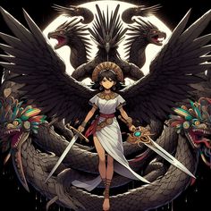 a woman with two swords standing in front of an eagle and dragon on a black background