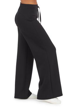 These throw-on-and-go pants is made from spacer fabric that's engineered with a cushiony feel that's as light as air. 30" inseam, 26" leg opening, 12" front rise, 15" back rise (size medium) Elastic/drawstring waist 47% modal, 46% polyester, 7% elastane Machine wash, tumble dry Imported Relaxed Fit Wide Leg Cargo Pants, Functional Wide Leg Pants For Work, Versatile Solid Pants With Elastic Side Panels, Black Comfort Stretch Straight Pants, Functional Stretch Wide Leg Bottoms, Functional Wide Leg Stretch Pants, Functional Stretch Wide Leg Pants, Functional Bottoms With Minimal Stretch, Versatile 4-way Stretch Straight Leg Sweatpants