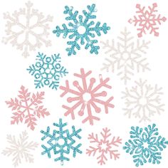 several snowflakes on a white background with blue and pink glitter in the middle