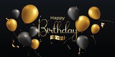 happy birthday card with gold and black balloons