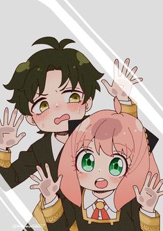 two anime characters with green eyes and pink hair, one holding his hand up to the other