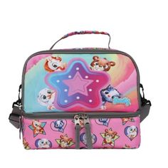 a pink lunch bag with cartoon animals on it and a star design in the center