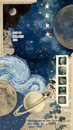 an altered collage of space and stars on newspaper pages with the moon in the background