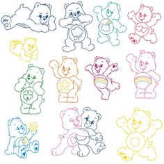 six different colored teddy bears sitting next to each other