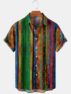 Men Casual Color Stripe Short Sleeves Shirt Shipping from the US. Easy 30 day return policy, 100% cotton, Double-needle neck, sleeves and hem; Roomy Unisex Fit. Geometric Sleeve, Tropical Fashion, Striped Short Sleeve Shirt, Current Trends, Mens Stripes, Mens Hawaiian Shirts, Hawaiian Shirts, Color Stripes, Shirt Collar