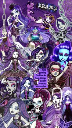 an image of some cartoon characters with purple hair and blue eyes, all dressed up in goth