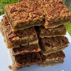 a stack of pecan bars sitting on top of a white plate next to a green field