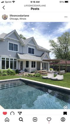 a house with a pool in front of it and an instagram post about the home