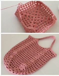 crocheted purses are shown in three different pictures, one is pink and the other is white