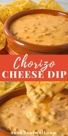 cheese dip in a bowl with tortilla chips on the side and text overlay